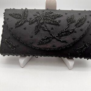 Vintage Black Beaded Evening Clutch Purse Floral Leaf Design Made in Hong Kong